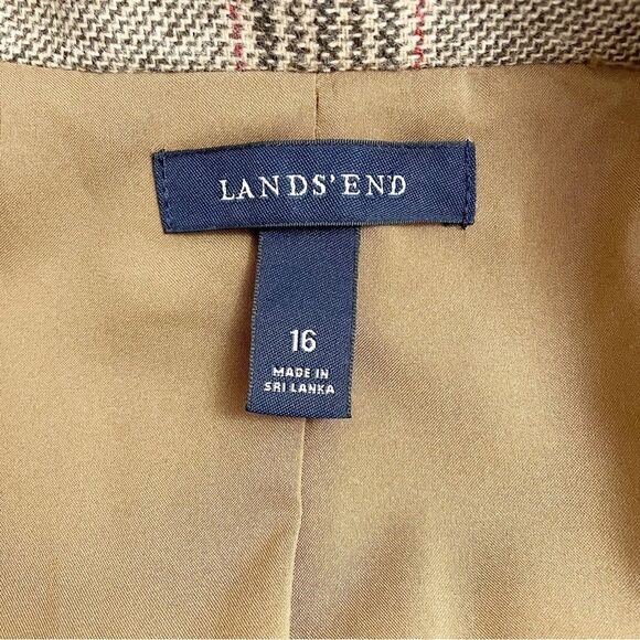 Lands End Glen Plaid Single Button Blazer Tan & Brown Leather Buttons Size 16 - Picture 12 of 15